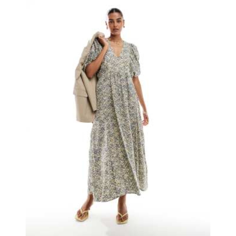 & Other Stories maxi dress with volume sleeves in muted floral jacquard print