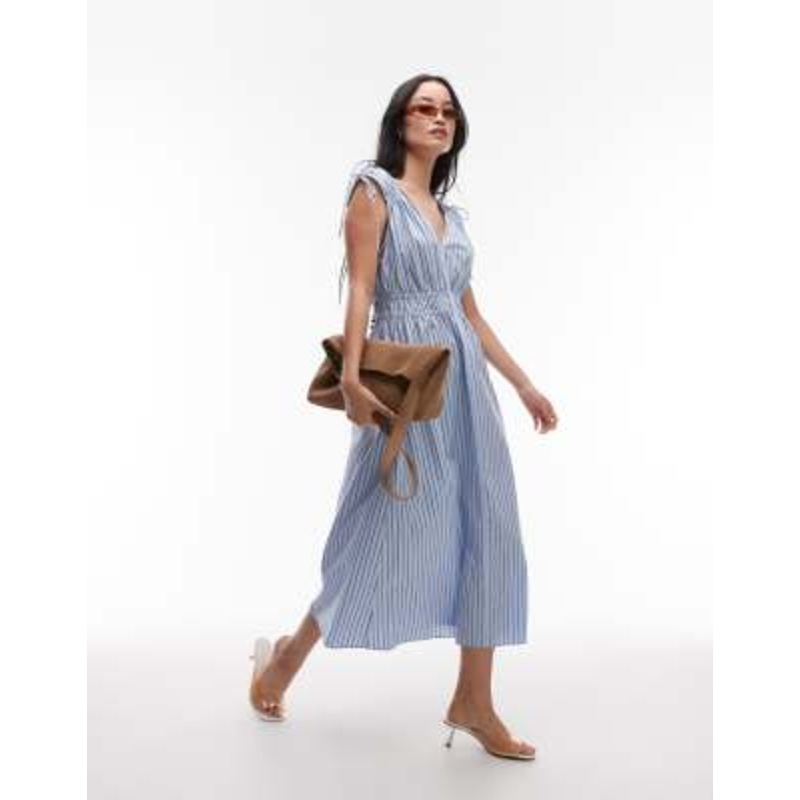 & Other Stories midaxi dress with ruched tie shoulder detail in blue stripe