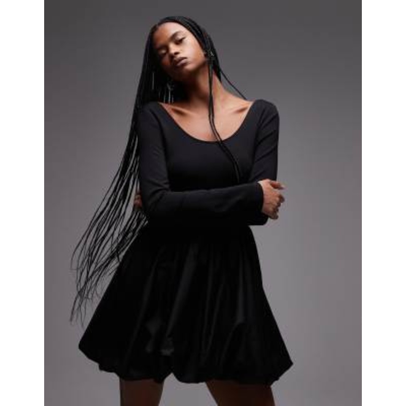 & Other Stories mini dress with puffball hem in black mixed jersey and woven fabric