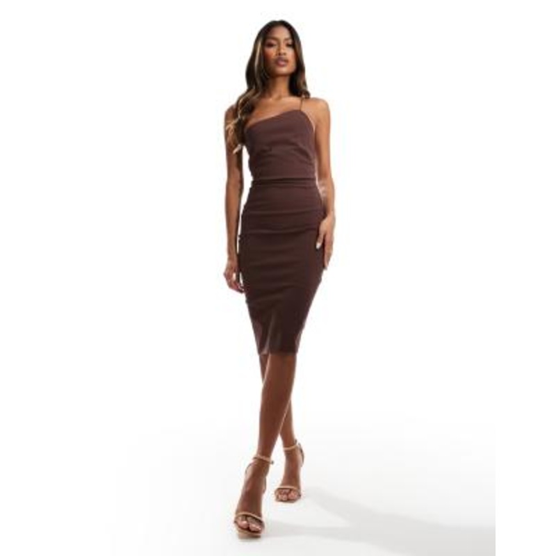 Vesper bengaline exclusive asymmetric one shoulder midi dress in chocolate