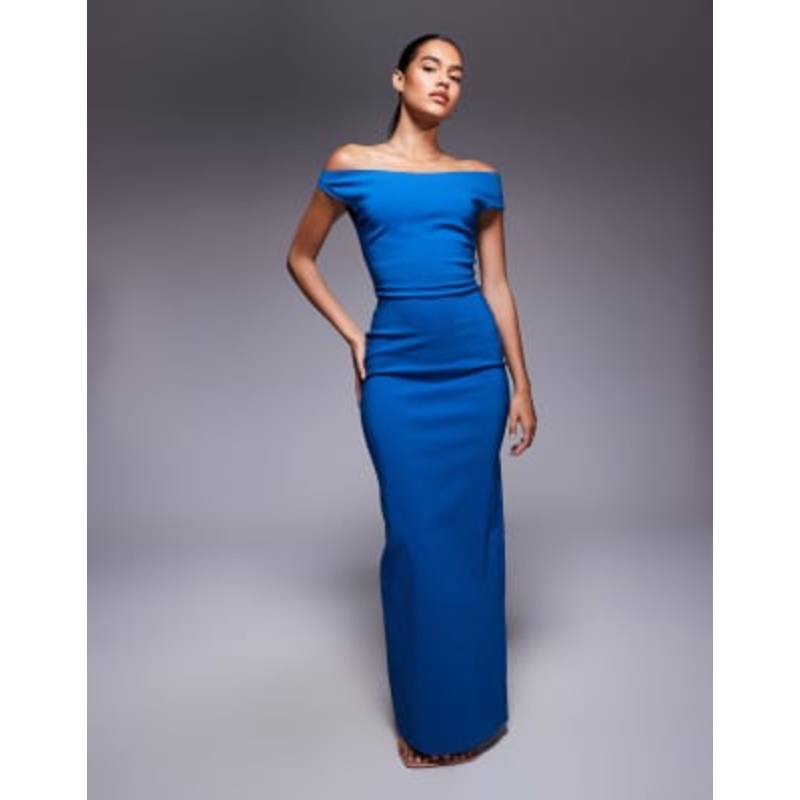 Vesper bengaline off shoulder maxi dress in blue