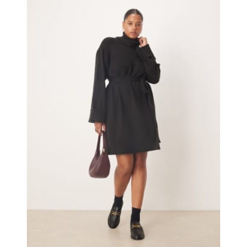 Vila Curve tie waist high neck knit mini dress in black