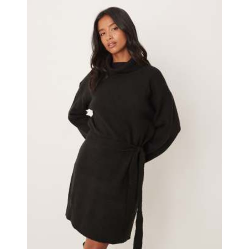 VILA Petite tie waist high neck knit mini dress in black