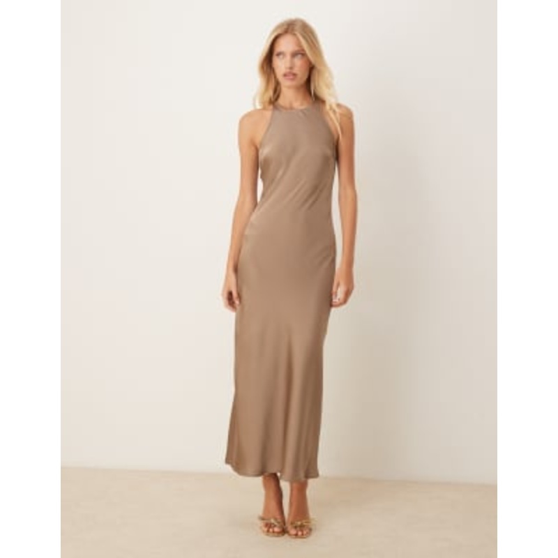 Vila racer neck satin midi dress in light brown