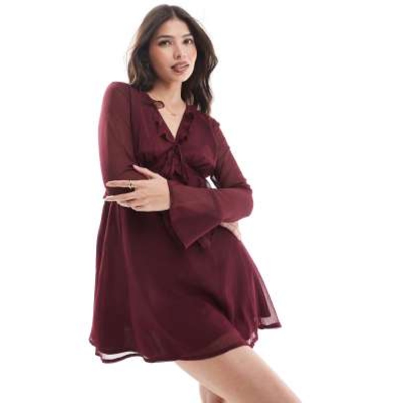 Wednesday’s Girl floaty ruffle mini dress in deep burgundy