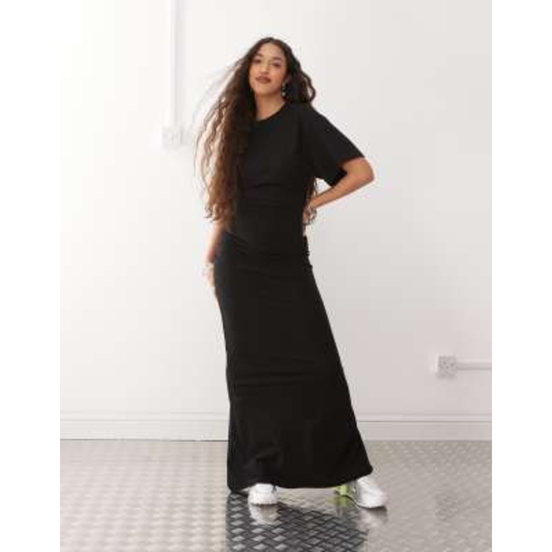 Weekday jersey maxi dress with ruched side detail in black