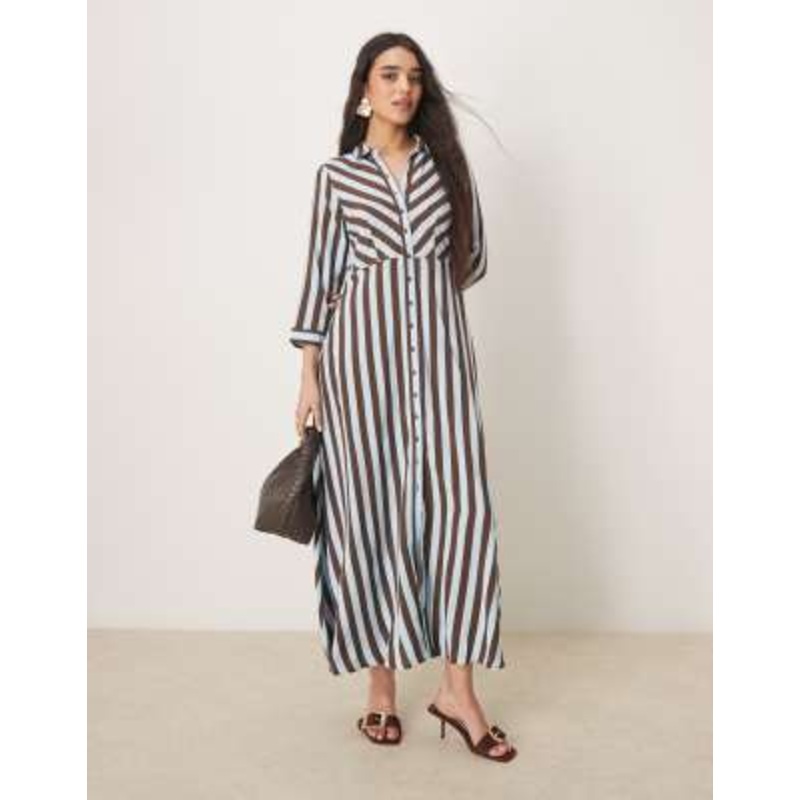 YAS maxi shirt dress in brown and blue stripe