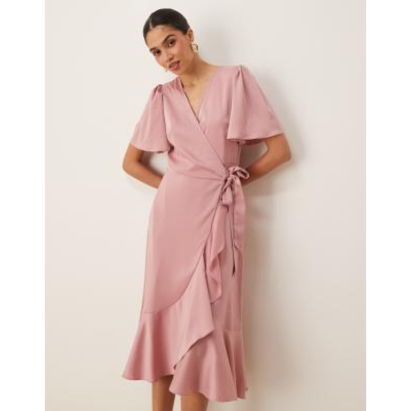 YAS satin wrap midi dress in lilas pink