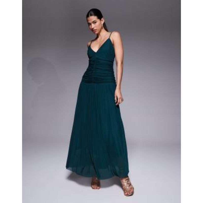 Aria Cove chiffon V-neck dropped pleated waist maxi dress in forest green