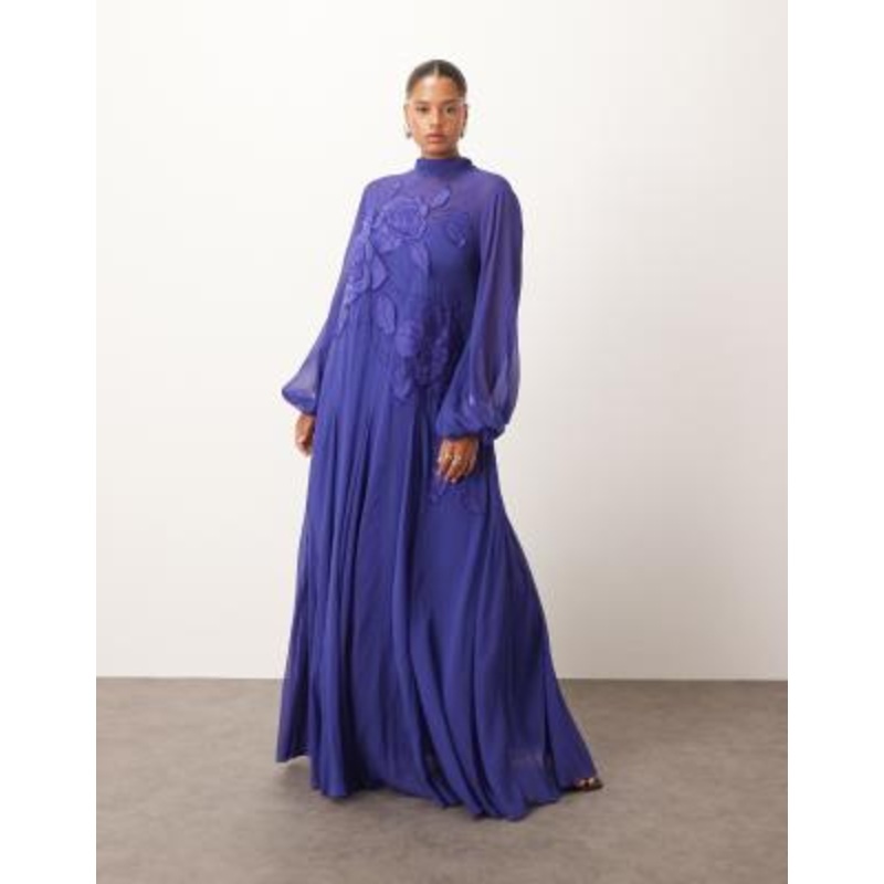 ARRANGE Curve applique floral tie neck blouson sleeves trapeze maxi dress in cobalt blue