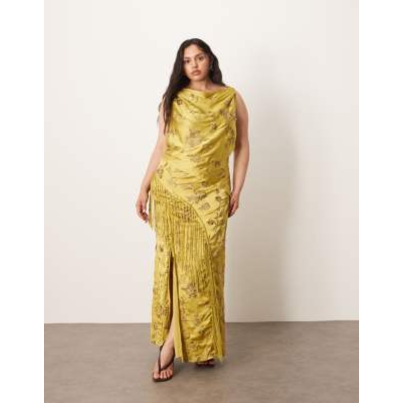 ARRANGE Curve embroidered satin drape midi dress with fringe in olive green