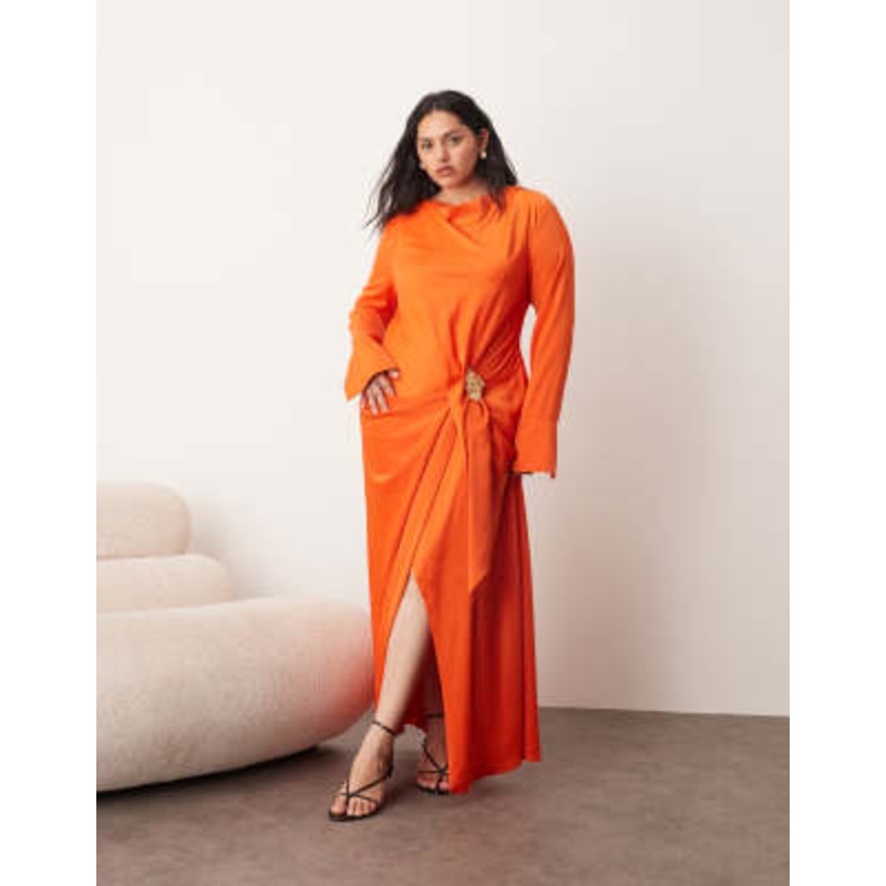 ARRANGE Curve long sleeve draped maxi dress with molten metal trim in orange