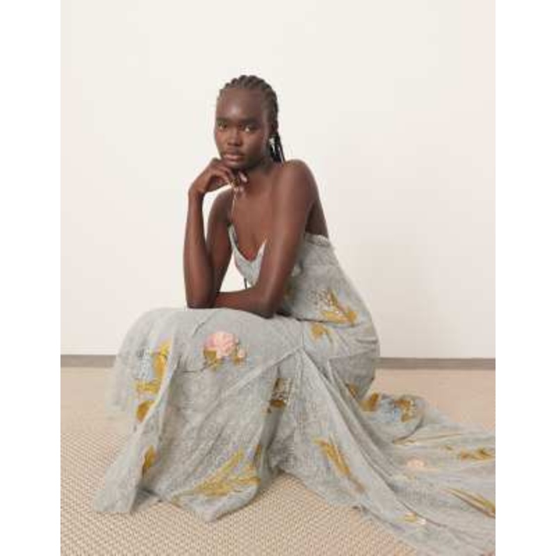 ARRANGE embroidered floral lace maxi dress in dusky blue