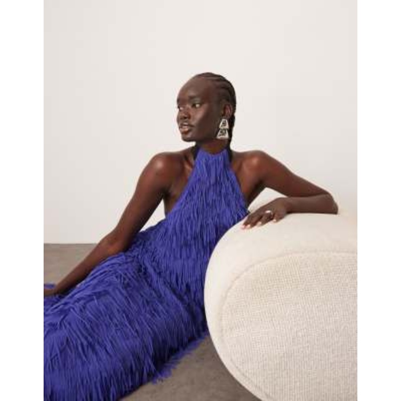 ARRANGE fringe texture halter neck scoop back maxi dress in blue