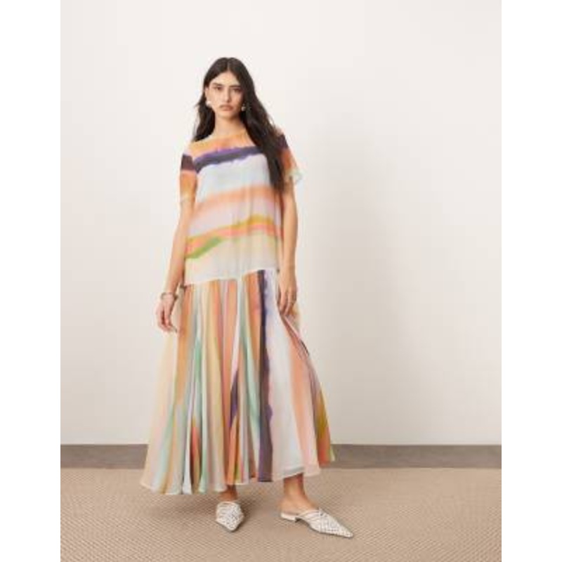 ARRANGE sheer chiffon drop waist maxi t-shirt dress in blurred stripe