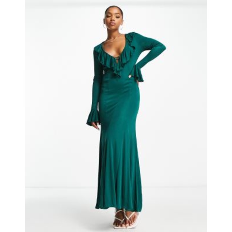 & Other Stories v neck frill maxi dress in dark green
