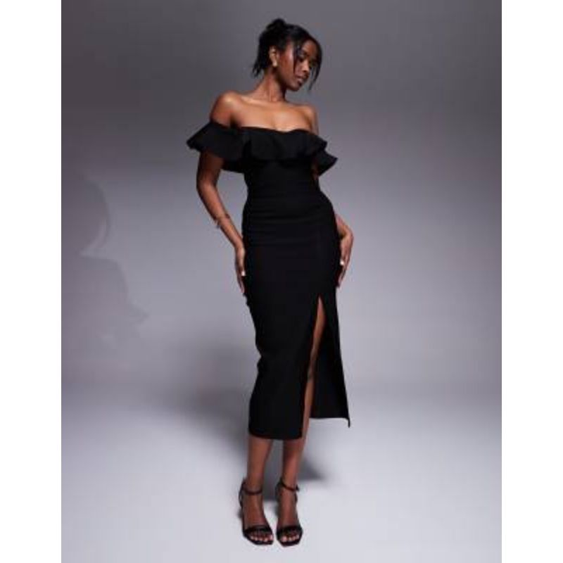Vesper bengaline ruffle bardot side slit midi dress in black