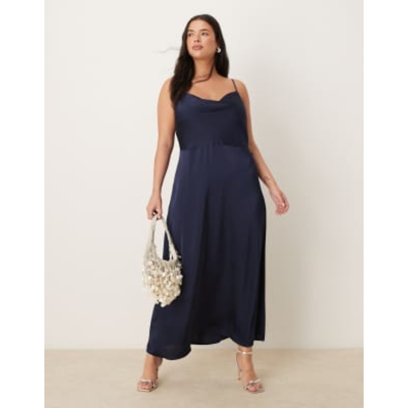 VILA Curve satin cowl neck cami maxi dress in navy
