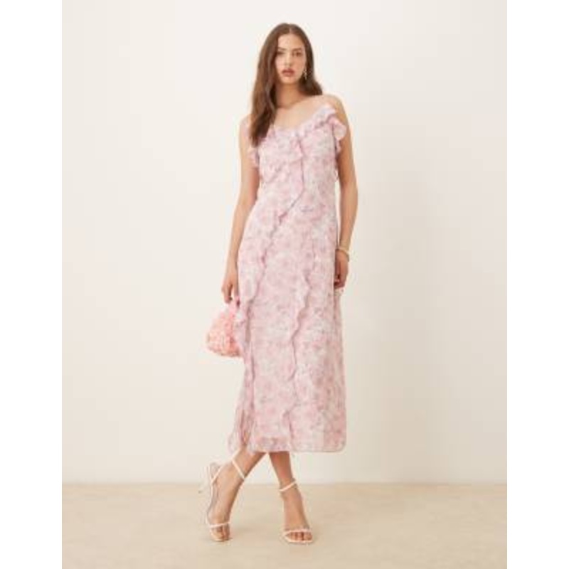 Vila frill trim midi dress in pink delicate floral