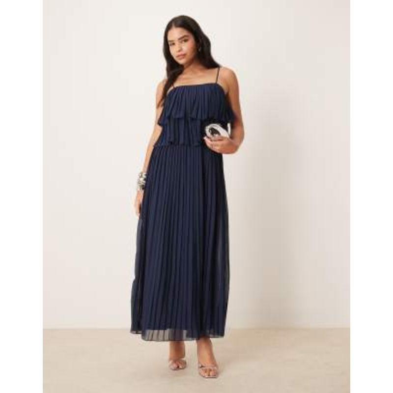 VILA pleated ruffle layer cami maxi dress in navy