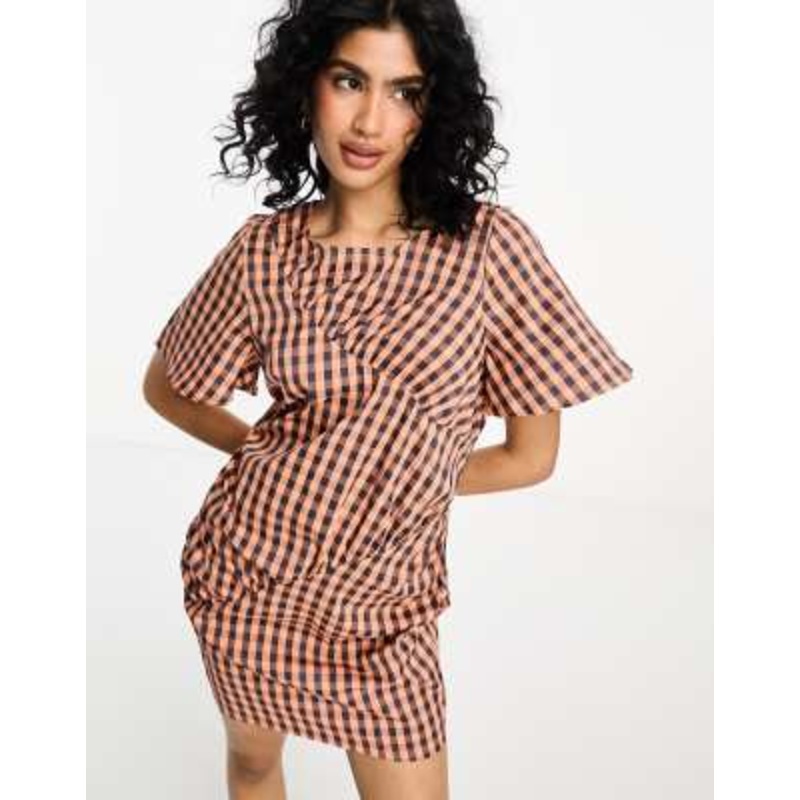 Vila ruched detail mini dress in navy check