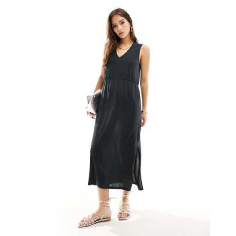 Vila slinky v neck midi dress in black