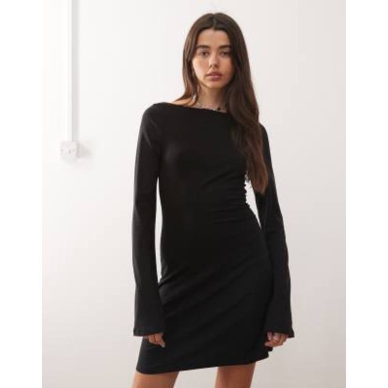 Weekday boat neck long sleeve mini dress in black – exclusive to