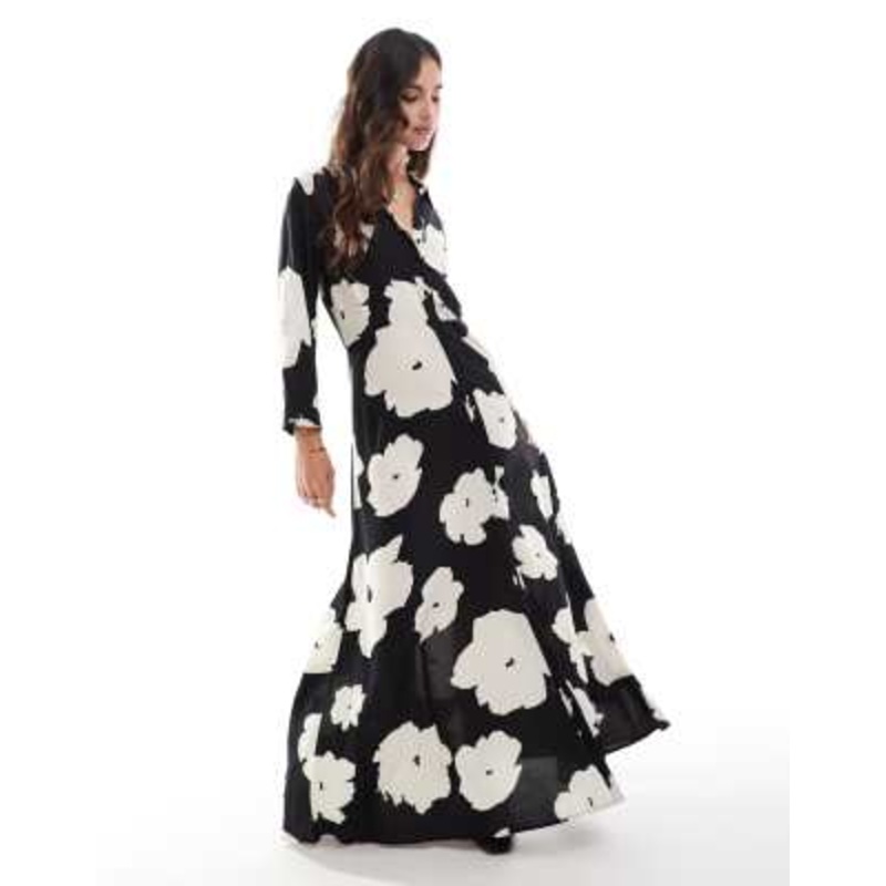 YAS maxi shirt dress in mono floral print