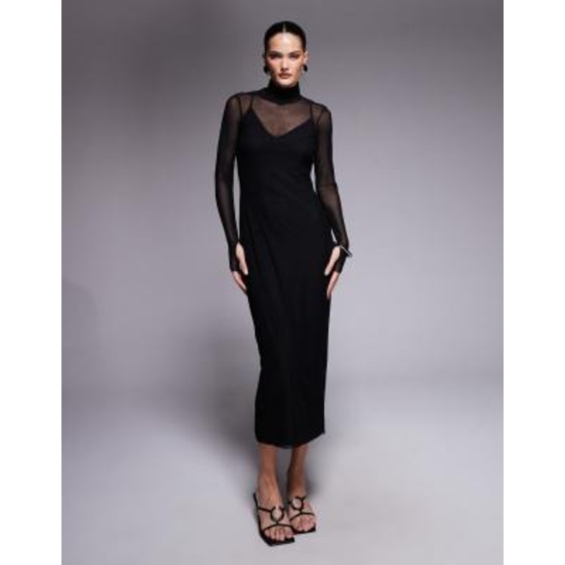 AFRM Shailene high neck mesh midi dress in black