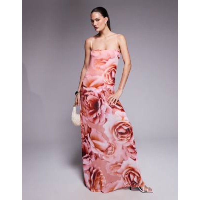 AFRM Shea sheer mesh bodysuit maxi dress in peach roses