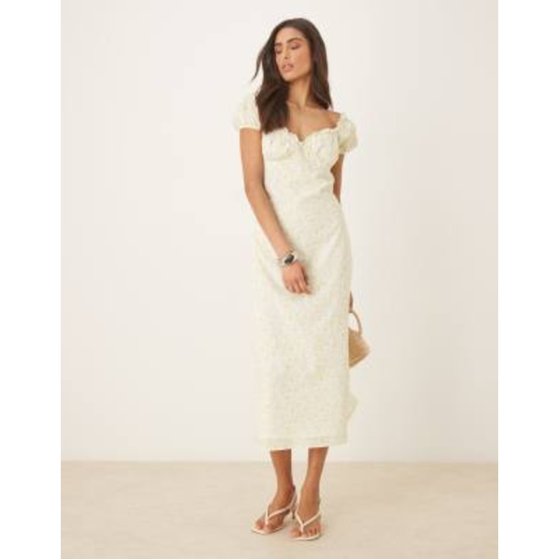 Amy Jane London Daphne milkmaid midi dress in lemon ditsy