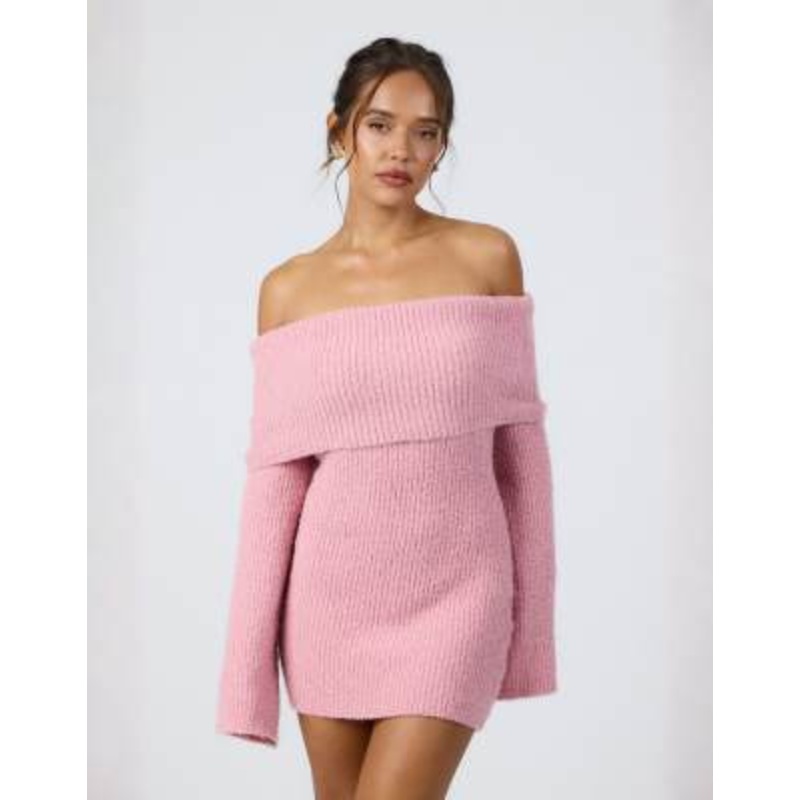 Aria Cove knitted bardot mini sweater dress in pink