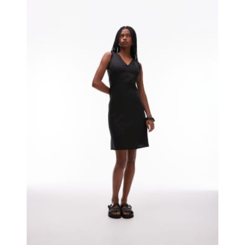 ARKET linen rich v-neck midi shift dress with frill trim in black