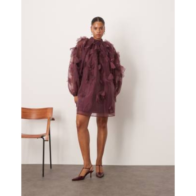 ARRANGE Curve exclusive applique organza floral high neck trapeze mini dress in plum