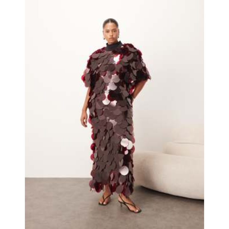 ARRANGE Curve high neck paillette sequins fringed hem maxi dress in merlot