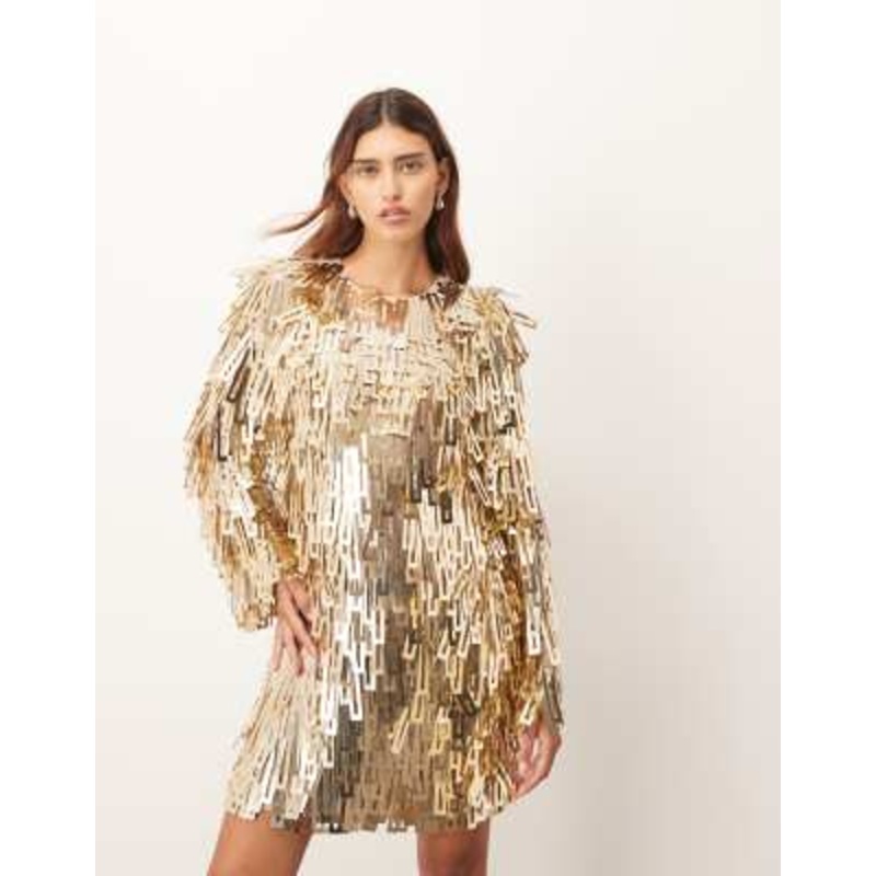 ARRANGE embellished shard sequins long sleeve mini dress in gold