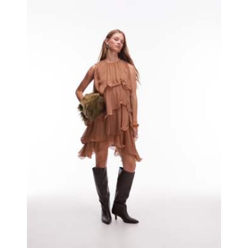 & Other Stories floaty chiffon mini dress in mocha brown
