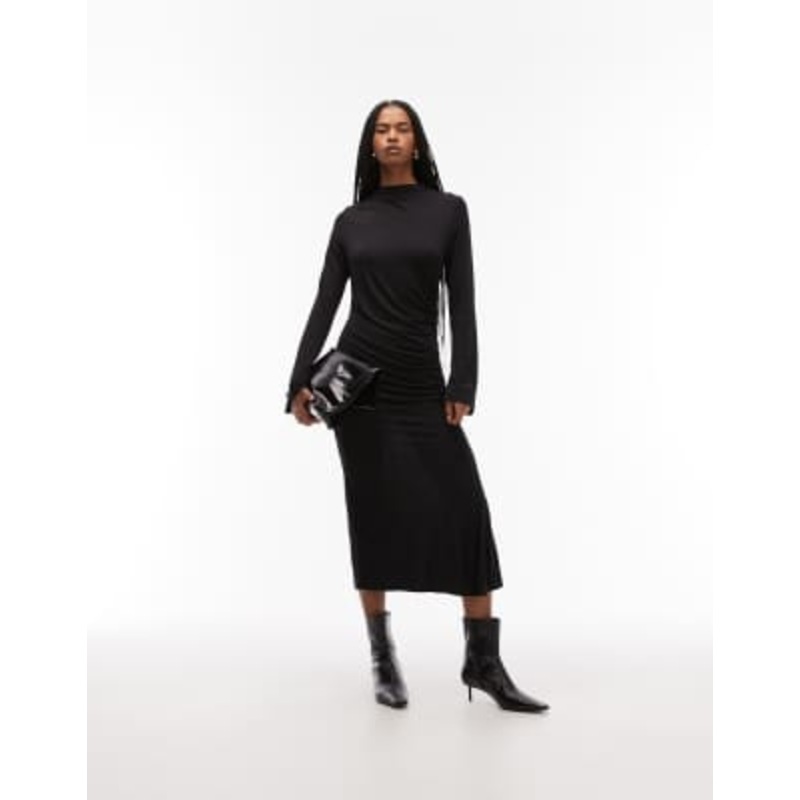 & Other Stories high neck long sleeve soft twisted midi dress in black