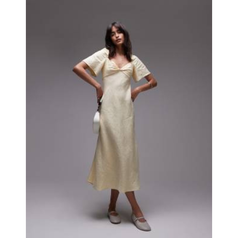 & Other Stories linen puff sleeve midaxi dress with twisted sweetheart neckline in butter yellow