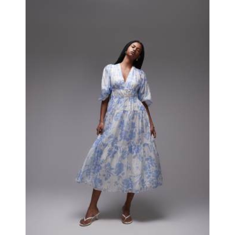 & Other Stories midaxi dress with volume sleeves and shirred bodice detail in blue floral print