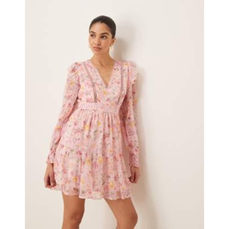 VILA ladder lace frill detail mini dress in peach floral print