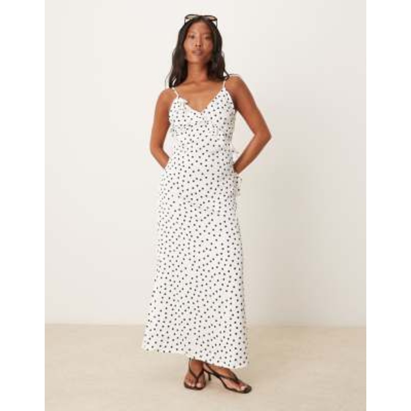 VILA Petite corsage and ruffle detail maxi slip dress in black and white dot print