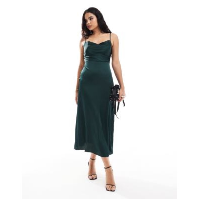 Vila satin cowl neck camisole maxi dress in dark green