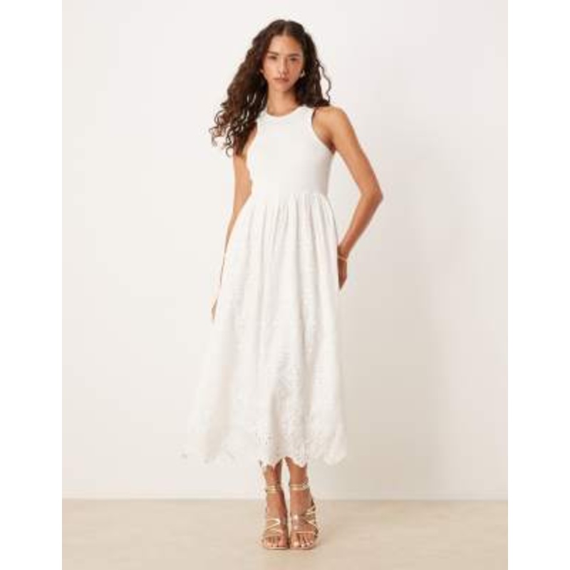 YAS sleeveless embroidered midi dress in white