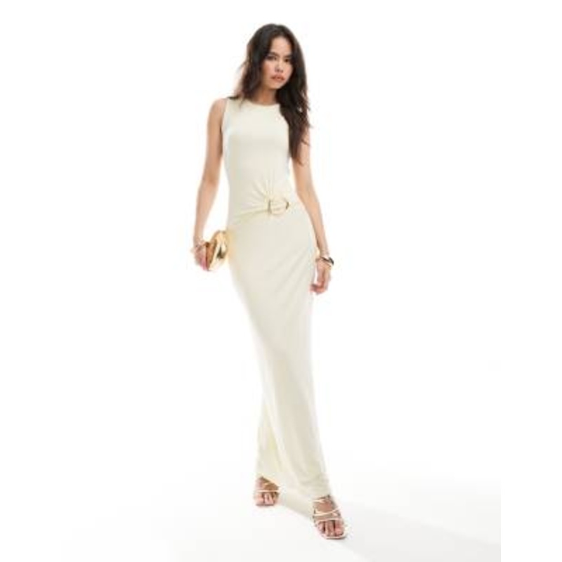 4th & Reckless double layered racer neck gold hardware ruched detail maxi dress in lemon