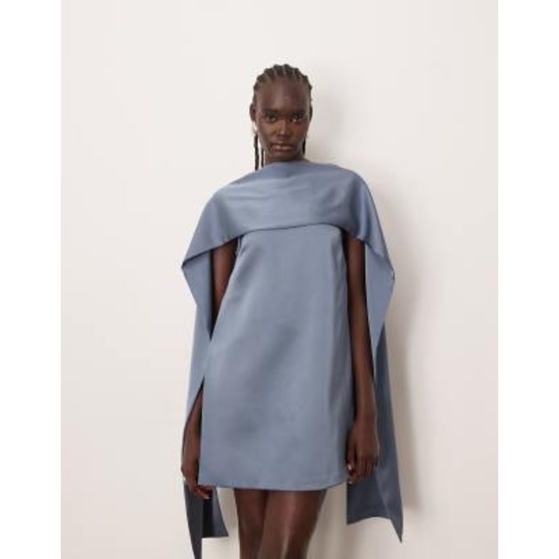 ARRANGE clean scarf neck structured mini shift dress in dusky blue