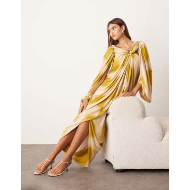 ARRANGE draped midi dress with balloon sleeve and hardware detail in blurred print