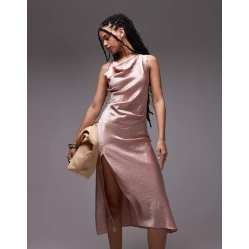 & Other Stories sleeveless hammered satin midaxi dress with drape detail and thigh split in light pink