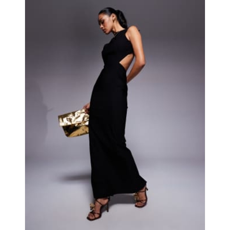 Vesper bengaline open back tie detail maxi dress in black