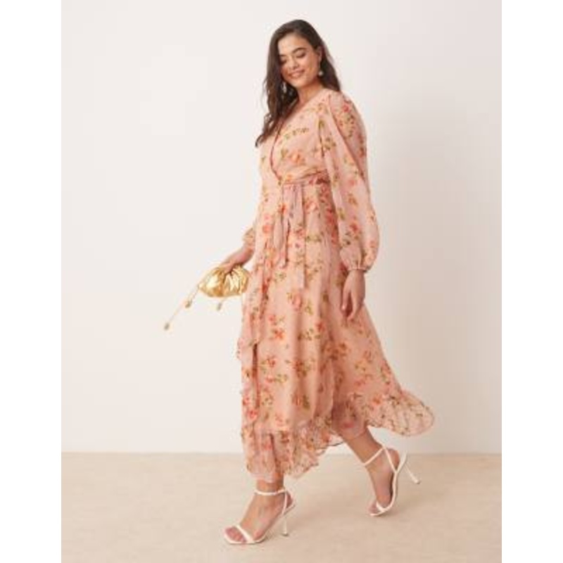 VILA Curve textured wrap maxi dress with ruffle detail in rose floral print